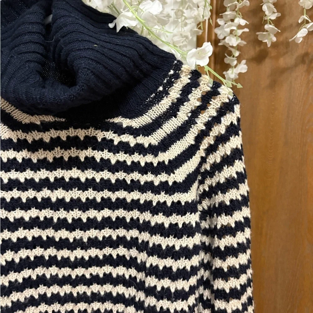 Tory Burch Carey Navy and Cream Striped Turtleneck Sweater